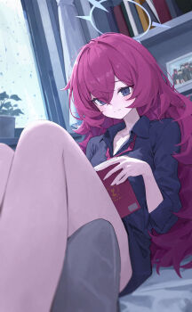 Rule 34 | 1girl, black shirt, blue archive, blue halo, book, chiaki (blue archive), grey eyes, hair between eyes, halo, highres, holding, holding book, ibuki (blue archive), iroha (blue archive), kakutasu, long hair, makoto (blue archive), necktie, pandemonium society (blue archive), red hair, red necktie, satsuki (blue archive), shirt, solo, thighs