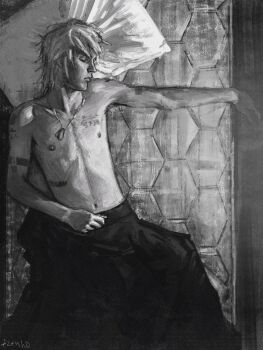 1boy absurdres arm_tattoo bed blanket chest_tattoo closed_eyes from_above greyscale head_on_pillow highres jay0ni jewelry lying male_focus mattress messy_hair metal_gear_(series) monochrome necklace no_shirt on_back outstretched_arm pillow raiden_(metal_gear) sleeping solo tattoo toned toned_male