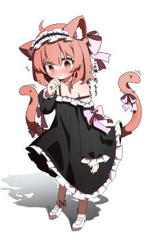 1girl absurdres ahoge animal_ear_fluff animal_ears black_dress black_hairband blush bow brown_eyes brown_hair cat_ears cat_girl cat_tail closed_mouth dress flat_chest footwear_bow frilled_dress frilled_sleeves frills full_body hair_bow hairband hand_up highres lolita_hairband long_sleeves medium_hair moepu. multiple_tails no_socks off-shoulder_dress off_shoulder original pink_bow puffy_long_sleeves puffy_sleeves shoes sleeve_bow solo standing strap_slip sweat tail tail_bow tail_ornament translation_request two_tails white_background white_shoes