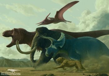 absurdres animal artist_name desert dinosaur flying highres mammoth no_humans parody power_rangers pteranodon realistic reference running sabertooth_cat super_sentai triceratops tyrannosaurus_rex