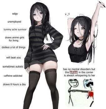 1girl 1waly absurdres artist_self-insert black_hair english_text goth_fashion grey_eyes highres holding long_hair long_sleeves meme messy_hair one_eye_closed original shirt women_on_twitter_(meme) x_x