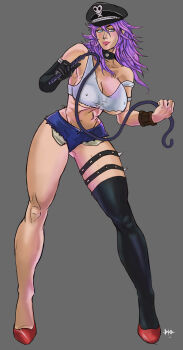 1girl absurdres blue_eyes blush breasts cap choker cleavage covered_erect_nipples elbow_gloves gloves hat high_heels highres large_breasts lipstick long_hair makeup navel non-web_source peaked_cap pink_hair poison_(final_fight) short_shorts shorts solo street_fighter tank_top thigh_strap thighhighs underboob whip