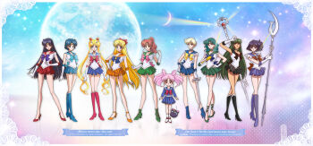 10s 1990s_(style) 6+girls aino_minako bishoujo_senshi_sailor_moon bishoujo_senshi_sailor_moon_(first_season) bishoujo_senshi_sailor_moon_crystal bishoujo_senshi_sailor_moon_r bishoujo_senshi_sailor_moon_s black_neckwear blonde_hair blue_bow blue_eyes blue_footwear blue_hair blue_sailor_collar blue_skirt boots bow brooch brown_bow chibi_usa cone_hair_bun earrings garnet_rod gloves green_boots hair_bow hair_bun highres hino_rei holding holding_polearm holding_spear holding_weapon jewelry kaiou_michiru kino_makoto long_hair luna-p magical_girl meiou_setsuna mizuno_ami multiple_girls official_style orange_skirt pink_bow polearm purple_bow purple_footwear red_bow retro_artstyle sailor_collar sailor_jupiter sailor_mars sailor_mercury sailor_moon sailor_neptune sailor_pluto sailor_saturn sailor_senshi sailor_uranus sailor_venus short_hair silence_glaive skirt smile spear star_brooch ten&#039;ou_haruka tholia_bentz tholiaart tiara tomoe_hotaru tsukino_usagi very_long_hair weapon white_gloves yellow_bow