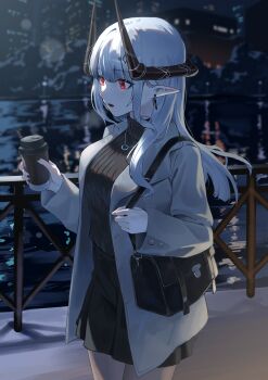 1girl absurdres alternate_costume arknights bag black_horns black_skirt black_sweater breath buttoned_cuffs buttons casual commentary cowboy_shot cup disposable_coffee_cup disposable_cup drink earrings grey_jacket hair_behind_ear highres holding holding_drink holding_strap horns jacket jewelry lapels long_hair long_sleeves mudrock_(arknights) natoriusu_sansei necklace open_mouth outdoors pleated_skirt pointy_ears railing red_eyes skirt solo standing sweater turtleneck turtleneck_sweater white_hair winter