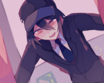 1boy baseball_cap bedroom black_hat black_jacket blazer blue_necktie box_pov collared_jacket collared_shirt commentary_request crazy danganronpa_(series) danganronpa_v3:_killing_harmony downturned_eyes from_below hat indoors jacket lapels long_sleeves looking_down male_focus necktie notched_lapels official_alternate_costume open_mouth photo_(object) poster_(object) pov saihara_shuichi sakura_(fein5862817) school_uniform shirt smile solo upper_body white_shirt