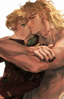 2boys abs absurdres arms_up black_jacket black_nails blonde_hair closed_mouth commentary crossed_arms dio_brando dutch_angle earrings father_and_son giorno_giovanna green_eyes hair_between_eyes high_collar highres hug jacket jewangchobab jewelry jojo_no_kimyou_na_bouken long_hair long_scar looking_at_viewer male_focus multiple_boys nail_polish parted_lips piercing scar scar_on_neck simple_background single_earring stardust_crusaders symbol-only_commentary topless_male upper_body vento_aureo white_background