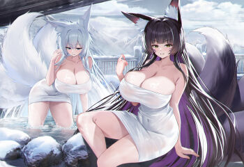 absurdres akipopopopoon animal_ear_fluff animal_ears azur_lane black_hair blue_eyes blush breasts colored_inner_hair commentary fox_ears fox_girl fox_tail grey_hair hair_between_eyes highres huge_breasts leaning_forward long_hair multicolored_hair multiple_tails musashi_(azur_lane) naked_towel parted_lips purple_hair shinano_(azur_lane) sidelocks sitting smile tail towel two-tone_hair very_long_hair yellow_eyes