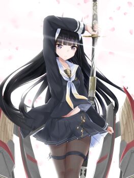 1girl azur_lane black_cardigan black_hair black_serafuku black_skirt breasts brown_pantyhose cardigan commentary falling_petals highres holding holding_sword holding_weapon horns long_hair long_sleeves looking_at_viewer medium_breasts midriff_peek neckerchief noshiro_(azur_lane) official_alternate_costume oni pantyhose petals pink_petals pleated_skirt purple_eyes rigging sailor_collar scabbard school_uniform serafuku sheath simple_background skin-covered_horns skirt solo sword thigh_strap uduki_(nissi) unsheathing very_long_hair weapon white_background white_neckerchief white_sailor_collar