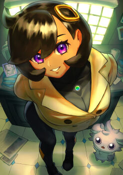 Rule 34 | 1girl, absurdres, black bodysuit, black hair, bodysuit, bodysuit under clothes, book, book stack, breasts, brown jacket, commentary request, dark-skinned female, dark skin, desk, emma (pokemon), espurr, gen 6 pokemon, hair ornament, hayashi rice524, highres, indoors, jacket, latex, latex bodysuit, leaning forward, looking at viewer, medium breasts, mega stone, nintendo, open mouth, picture frame, pokemon, pokemon (creature), pokemon legends: z-a, purple eyes, short hair, smile