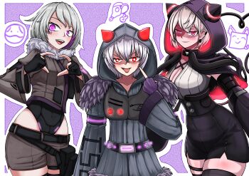 1girl absurdres alternate_breast_size alternate_costume alternate_design alternate_eye_color armlet barcode belt blush breasts brown_jacket cleavage cleavage_cutout clothing_cutout coat command_&amp;_conquer command_&amp;_conquer:_red_alert command_&amp;_conquer:_red_alert_2 crabridge double-parted_bangs flat_chest fur-trimmed_coat fur_trim grey_coat heart heart_hands highres hip_vent hood hood_down hood_up horned_hood horns jacket jewelry large_breasts leotard libra_(mental_omega) mental_omega_(mod) purple_background purple_eyes red_eyes resh_vav_yod_symbol short_hair shorts small_breasts smile thighs tongue tongue_out white_hair