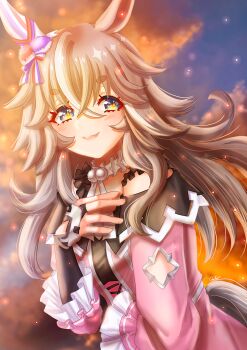 1girl animal_ears blue_eyes blush breasts brown_hair choker closed_mouth coat commentary_request dated_commentary dress ear_covers fingerless_gloves frilled_choker frills gloves grey_hair hair_between_eyes hair_ornament highres horse_ears horse_girl horse_tail jacket long_hair looking_at_viewer multicolored_hair off-shoulder_coat off-shoulder_dress off_shoulder otono_(bkt4b) pink_coat pink_dress pink_jacket single_ear_cover smile solo streaked_hair tail thick_eyebrows umamusume wonder_acute_(butterfly_sting)_(umamusume) wonder_acute_(umamusume)