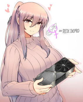 1girl absurdres artist_name breasts bright_pupils closed_mouth geforce_rtx_3090 graphics_card hair_between_eyes heart highres holding huge_breasts interlocked_mars_and_venus_symbols light_blush light_brown_hair long_hair mars_symbol nvidia original ponytail sidelocks smile solo suraya_(z666ful) sweater turtleneck turtleneck_sweater venus_symbol graphics_card white_background white_pupils z666ful