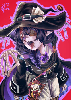 1girl absurdres black_hair bone bow bowtie braid brown_jacket cartoon_bone colored_skin commission commissioner_upload extra_arms eyepatch grey_skin hair_over_one_eye hat highres holding holding_staff jacket long_sleeves monster_girl necromancer non-web_source original pants pointy_ears puffy_long_sleeves puffy_sleeves purple_bow purple_bowtie single_braid skeb_commission skeletal_arm skeletal_hand solo staff stapled stapled_face umaieokakitai undead valkrana white_pants witch_hat wizard