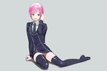 1girl aqua_eyes black_shirt blazer collared_shirt full_body high_heels highres jacket long_sleeves necktie nijisanji open_mouth pink_hair shirt short_hair simple_background sitting skirt smile solo thighhighs virtual_youtuber wariza yuuhi_riri yuuhi_riri_(1st_costume) zettai_ryouiki