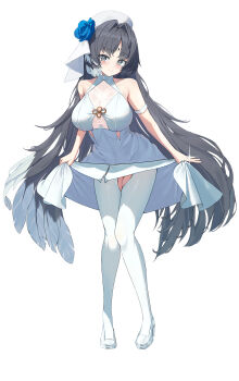 1girl alternate_breast_size_(larger) alternate_costume bare_shoulders black_eyes black_hair blue_flower blue_rose blush breasts closed_mouth commentary dress feather_hair flower full_body hair_flower hair_ornament haires hat highres large_breasts leaning_forward long_hair looking_at_viewer pantyhose parted_bangs rose shoes simple_background smile solo tacet_mark_(wuthering_waves) very_long_hair white_background white_dress white_hat white_pantyhose white_shoes wuthering_waves yangyang_(wuthering_waves)