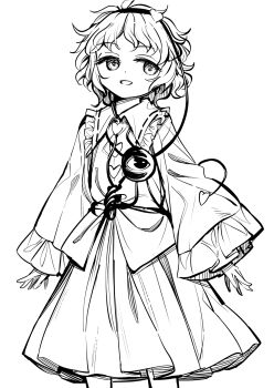 1girl collared_shirt greyscale hair_ornament hairband heart heart_hair_ornament highres komeiji_satori long_sleeves monochrome open_mouth shirt simple_background skirt solo suna_(s73d) third_eye touhou white_background