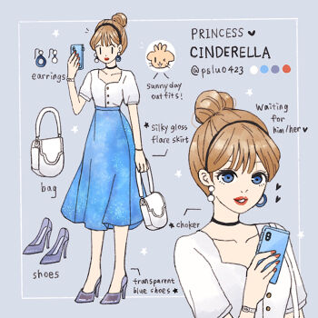 1girl animification blonde_hair blue_eyes choker cinderella_(disney_character) cinderella_(disney_movie) contemporary earrings hair_bun hairband jewelry looking_at_viewer makeup phone pslu0423 short_hair skirt smile solo