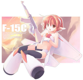 1girl ak-47 armor assault_rifle bikini_armor black_thighhighs blush brown_eyes commentary_request emurin english_text engrish_text f-15_eagle flat_chest full_body gloves gun hair_between_eyes heart holding holding_gun holding_weapon jet_engine kalashnikov_rifle looking_at_viewer mecha_musume midriff navel open_mouth orange_hair original outline personification pointy_ears ranguage rifle short_hair smile solo sunset thighhighs weapon white_gloves white_outline
