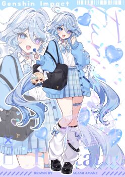 1girl ahoge alternate_costume amagami_amane angel_wings_hair_ornament artist_name back_bow bag bag_charm black_bag blue_cardigan blue_choker blue_eyes blue_hair blue_nails blue_shoes blue_skirt bow bow_legwear buttons candy cardigan character_charm character_name charm_(object) choker commentary_request copyright_name food full_body furina_(genshin_impact) genshin_impact hair_between_eyes hand_up heart heart_background heart_button heterochromia high-waist_skirt highres holding holding_candy holding_food holding_lollipop leg_warmers lollipop long_hair long_sleeves looking_at_viewer lumine_(genshin_impact) multicolored_hair open_mouth plaid_clothes plaid_skirt purple_eyes ribbon school_bag school_uniform shirt shirt_tucked_in shoes shoulder_bag skirt solo streaked_hair thigh_strap very_long_hair watermark white_bow white_leg_warmers white_ribbon white_shirt zoom_layer