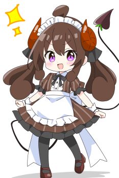 1girl :d ahoge alternate_costume alternate_hair_color alternate_hairstyle apron black_bow black_bowtie black_pantyhose blush bow bowtie brown_dress brown_horns brown_shoes buttons commentary_request curled_horns demon_girl demon_horns demon_tail dot_nose double-parted_bangs dress enmaided frilled_apron frilled_dress frills full_body hair_between_eyes highres horns kotatsu-mazoku lilith_(homunculus)_(machikado_mazoku) lilith_(machikado_mazoku) looking_at_viewer machikado_mazoku maid maid_headdress mary_janes open_mouth pantyhose purple_eyes shoes short_sleeves sidelocks simple_background smile solo sparkle standing striped_clothes striped_dress tail twintails v-shaped_eyebrows white_apron white_background wrist_cuffs