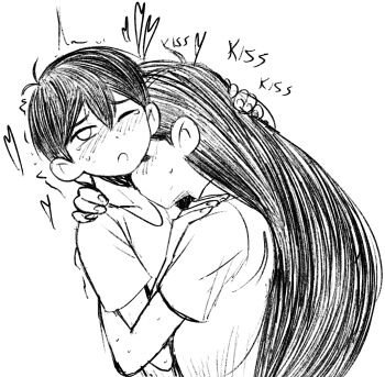 1boy 1girl :o age_difference blush brother_and_sister cabronpr couple dot_nose hair_between_eyes hand_on_another's_head hetero highres incest kiss kissing_neck long_hair mari_(faraway)_(omori) mari_(omori) monochrome older_sister omori one_eye_closed onee-shota parted_lips portrait shirt short_sleeves shota siblings sound_effects sunny_(omori) sweat t-shirt teenage_girl_and_younger_boy