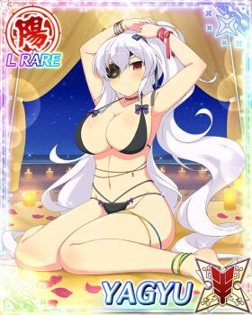 beach belly_chain bikini black_bikini breasts card_(medium) cleavage closed_mouth eyepatch frown game_cg jewelry large_breasts long_hair looking_at_viewer navel night non-web_source ocean official_alternate_costume official_alternate_hairstyle official_art outdoors petals ponytail red_eyes rose_petals senran_kagura senran_kagura_new_wave shuriken shuriken_hair_ornament sitting skindentation swimsuit wariza weapon white_hair yagyu_(senran_kagura)