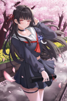 1girl absurdres black_choker black_hair black_serafuku black_shirt black_skirt blush chisa_(wuthering_waves) choker closed_mouth collarbone commentary_request hair_ribbon hand_up highres holding long_hair looking_at_viewer mole mole_under_eye neckerchief outdoors pink_petals red_eyes red_neckerchief red_ribbon ribbon sailor_collar school_uniform serafuku shinigami_kiraki shirt skirt smile solo thigh_strap white_sailor_collar wuthering_waves