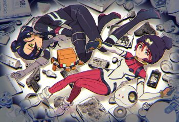 2girls absurdres amate_yuzuriha apple bag banknote beanie black_bodysuit black_hat bodysuit book boots breasts cake cake_slice cellphone closed_mouth coffee_mug commentary_request conch_(gundam) crescent crescent_earrings cup dark-skinned_female dark_skin donut earphones earrings ena1215 expressionless food fork from_above fruit glasses green_eyes gun gundam gundam_gquuuuuux hair_between_eyes hair_bun handgun haro hat headphones highres jewelry looking_at_viewer lotion_bottle lying mecha_pilot_suit medium_breasts money mug multicolored_bodysuit multiple_girls non-humanoid_robot normal_suit_(gundam) nyaan_(gundam_gquuuuuux) on_back on_side paper phone photo_(object) pom_pom_(clothes) pom_pom_beanie rectangular_eyewear red_bodysuit red_hair revolver robot single_hair_bun skin_tight smartphone spray_can spray_paint tem_ray's_circuit two-tone_bodysuit weapon white_bodysuit white_boots yellow_eyes