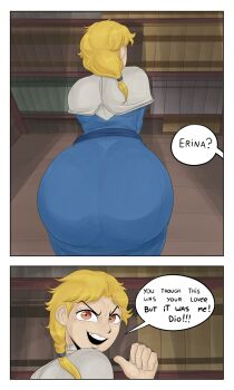 1boy absurdres ass bent_over blonde_hair blue_dress choker cosplay crossdressing crossdressing_(mtf) detnox dio_brando dress english_text erina_pendleton erina_pendleton_(cosplay) highres huge_ass indoors jojo_no_kimyou_na_bouken jojo_reference kono_dio_da_(meme) looking_at_viewer male_focus medium_hair meme mistaken_identity orange_eyes pale_skin phantom_blood pointing pointing_at_self ponytail speech_bubble vampire