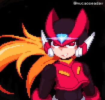 Rule 34 | 1boy, armor, black background, blonde hair, forehead jewel, glint, helmet, long hair, mega man (series), mega man zero (series), mucaoseadav, omega (mega man), pixel art, red armor, red eyes, red helmet, simple background, solo, upper body