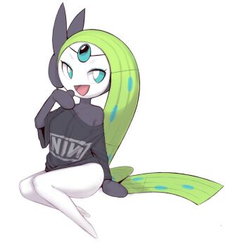 1girl black_shirt clothed_pokemon gen_5_pokemon green_hair highres legendary_pokemon long_hair meloetta meloetta_(aria) mystical_(plantpenetrator) mythical_pokemon nintendo open_mouth pokemon pokemon_(creature) shirt simple_background sitting solo white_background