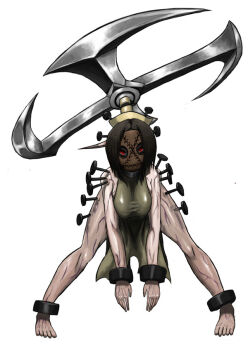 1girl arms_in_front black_hair breasts cuffs dress hat looking_at_viewer mask nail_(hardware) painwheel_(skullgirls) red_eyes shackles skullgirls spread_legs stitches veins weapon