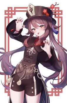 1girl :p aimo_wotku bead_bracelet beads black_coat black_hat black_nails bracelet brown_hair chinese_clothes claw_pose coat commentary_request cowboy_shot flower-shaped_pupils genshin_impact hat highres hu_tao_(genshin_impact) jewelry long_hair looking_at_viewer red_eyes solo symbol-shaped_pupils tongue tongue_out twintails