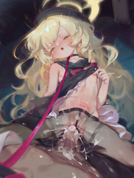 1boy 1girl absurdres blonde_hair blue_archive choker clothes_lift cum cum_in_pussy dress dress_lift ejaculation erection flat_chest girl_on_top halo hetero highres leash loli long_hair looking_at_viewer navel nipple_stimulation nipple_tweak nipples open_mouth pantyhose penetration_through_clothes penis penis_in_pantyhose pov professor_niyaniya_(blue_archive) sex smile straddling sweat tongue tongue_out torogao tweaking_own_nipple uncensored vaginal variant_set villainchin