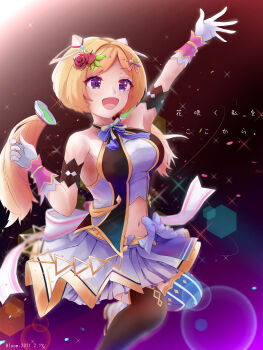 Rule 34 | 1girl, absurdres, aki rosenthal, arm up, black thighhighs, blonde hair, breasts, commentary request, flower, gloves, hair flower, hair ornament, highres, hololive, hololive idol uniform (origin), large breasts, looking at viewer, low twintails, navel, official alternate costume, open mouth, purple eyes, shirt, skirt, smile, solo, thighhighs, twintails, u da desu, virtual youtuber, white gloves, white shirt, white skirt