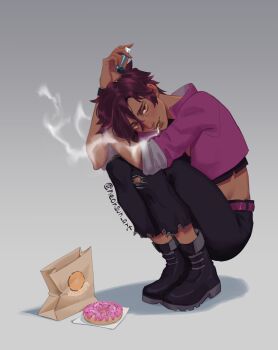 boots dark-skinned_female dark_skin dispatch donut face_piercing food highres inhaler invisigal nose_piercing orange_eyes piercing smoking