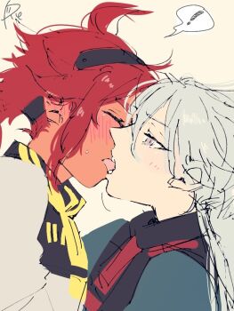 ! asticassia_school_uniform black_hairband french_kiss green_jacket grey_eyes gundam gundam_suisei_no_majo hairband jacket kiss long_hair miorine_rembran ponytail red_hair school_uniform simple_background spoken_exclamation_mark suletta_mercury surfacedxxc tongue tongue_out white_hair white_jacket yellow_background yuri