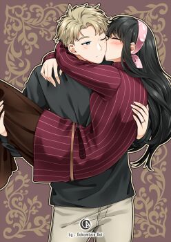 1boy 1girl arms_around_neck artist_logo artist_name bandana black_hair black_shirt blonde_hair blue_eyes blush border breasts brown_background brown_pants carrying closed_eyes closed_mouth commentary couple cowboy_shot curtained_hair grey_pants hetero highres husband_and_wife jacket jewelry kiss kissing_cheek logo long_hair long_sleeves making-of_available medium_breasts one_eye_closed ookamiura_aoi ornate_border outline pants pink_bandana pinstripe_jacket pinstripe_pattern princess_carry profile red_jacket ring shirt short_hair split_mouth spy_x_family standing t-shirt twilight_(spy_x_family) very_short_hair wedding_ring yor_briar