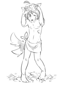 1boy animal_ears blush closed_mouth commentary_request furry furry_male gegegenomin looking_at_viewer male_focus morenatsu naked_towel nipples one_eye_closed shampoo shota shun_kodori smile tail tail_wagging topless_male towel wolf_boy wolf_ears wolf_tail