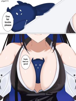 Rule 34 | 1girl, absurdres, between breasts, black hair, black vest, blue hair, breasts, closed mouth, clothing cutout, colored inner hair, commentary, english commentary, english text, highres, hololive, hololive english, jailbird (nerissa ravencroft), large breasts, multicolored hair, nerissa ravencroft, nerissa ravencroft (1st costume), ryuuki (artist), shirt, shoulder cutout, speech bubble, vest, virtual youtuber, white shirt