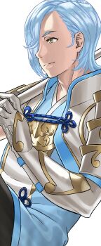1boy arm_guards armor blue_hair fire_emblem fire_emblem_fates gloves hair_over_one_eye highres male_focus mullet nintendo parted_bangs peacefulandflat shigure_(fire_emblem) short_hair simple_background smile solo upper_body white_background yellow_eyes