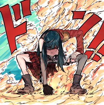 1girl black_boots black_gloves black_hair black_shorts blue_hair boots clenched_hand commentary dive!_(love_live!) epaulettes gear_second gloves grey_thighhighs half-skirt highres jacket long_hair love_live! love_live!_nijigasaki_high_school_idol_club navel one_piece one_side_up pose_imitation red_jacket red_skirt shorts single_epaulette single_glove single_thighhigh skirt solo stomach thighhighs yuki_setsuna yukitake_(bullfalk)