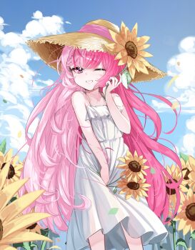 1girl absurdres bare_arms blue_sky blush braid chromashift cloud cloudy_sky commentary crescent crescent_facial_mark cumulonimbus_cloud day dress dress_tug english_commentary facial_mark falling_leaves feet_out_of_frame field flower flower_field frilled_dress frills hat highres holding holding_flower lalabell_lullaby leaf long_hair looking_at_viewer multicolored_hair nean_black one_eye_closed outdoors pink_hair second-party_source sky sleeveless sleeveless_dress smile smirk solo spaghetti_strap split-color_hair straw_hat sundress sunflower sunflower_field very_long_hair virtual_youtuber white_dress wind