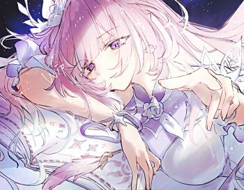 1girl book breast_rest breasts cyrene_(honkai:_star_rail) cyrene_(ripples_of_past_reverie)_(honkai:_star_rail) flower hair_flower hair_ornament hashtag-only_commentary highres honkai:_star_rail honkai_(series) kino-cands large_breasts long_hair looking_at_viewer open_book pink_hair purple_eyes sky smile solo star_(sky) starry_sky very_long_hair