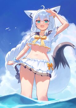 1girl :d absurdres alternate_costume alternate_hairstyle animal_ears aqua_eyes bikini black_sailor_collar blue_sky braid braided_ponytail cloud day deaver fox_ears fox_girl fox_tail highres hololive long_hair looking_at_viewer navel ocean open_mouth outdoors pentagram revision sailor_collar shirakami_fubuki shirakami_fubuki_(holonatsu_paradise) single_braid sky smile solo swimsuit tail thighs virtual_youtuber wading white_bikini white_hair