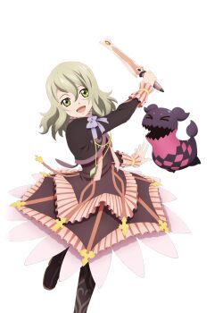 Rule 34 | 1girl, artist request, black boots, blonde hair, boots, bow, commentary, cowboy shot, creature, cropped jacket, doll, dress, elize lutus, frills, game cg, green eyes, holding, holding staff, jewelry, looking at viewer, medium hair, official art, open mouth, pendant, purple bow, purple dress, purple ribbon, ribbon, smile, solo, staff, standing, tales of (series), tales of asteria, tales of xillia, teepo (tales), third-party source, transparent background