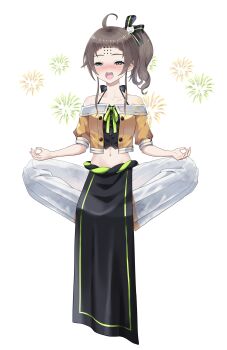 absurdres ahoge bad_link brown_hair cat_hair_ornament cosplay fireworks floating green_ribbon hair_ornament highres hololive levitation meditation monk natsuiro_matsuri natsuiro_matsuri_(1st_costume) nyacifer overwatch ribbon side_ponytail virtual_youtuber zenyatta_(overwatch) zenyatta_(overwatch)_(cosplay)