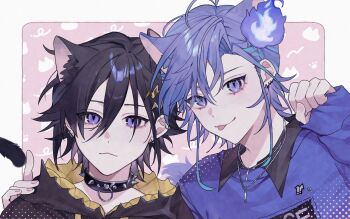 10_io 2boys :3 :p animal_ears black_hair black_hood black_hoodie cat_boy cat_ears collar collared_shirt commentary ear_piercing eyelashes fingernails hair_ornament hand_on_another's_shoulder highres hitodama holostars hood hoodie jewelry kanade_izuru kanade_izuru_(5th_costume) kemonomimi_mode lightning_bolt lightning_bolt_hair_ornament lightning_bolt_symbol looking_at_viewer male_focus minase_rio minase_rio_(after-school) multiple_boys necklace o-ring paw_pose piercing pink_background portrait purple_hair purple_sweater shirt short_hair sleeves_past_wrists slit_pupils spiked_collar spikes sweater symbol-only_commentary tongue tongue_out virtual_youtuber
