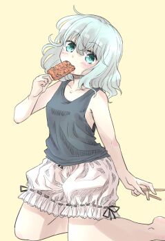 Rule 34 | 1girl, alternate costume, aqua eyes, aqua hair, black shirt, bloomers, blush, commentary request, eating, food, highres, ice cream, komeiji koishi, looking at viewer, naegi (naegidokoro), missing headwear, ribbon-trimmed underwear, ribbon trim, shirt, simple background, solo, touhou, underwear, wavy hair, yellow background