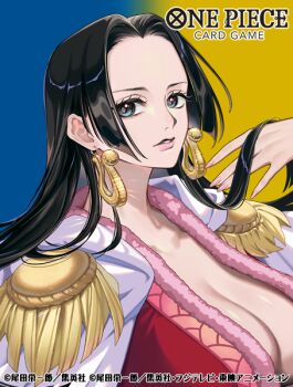 1girl black_hair blue_eyes boa_hancock breasts cape cleavage commentary_request copyright_name earrings ekusiun epaulettes eyelashes hood hooded_cape jewelry long_hair looking_at_viewer official_art one_piece one_piece_card_game parted_lips pink_lips sidelocks snake_earrings solo white_cape